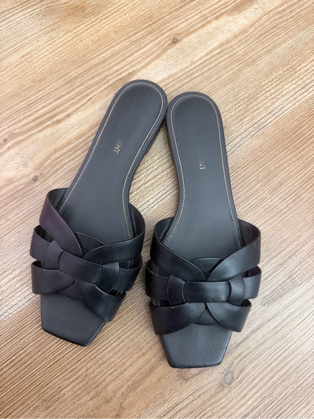 Saint Laurent Black Braided Leather Slide Sandals - Women